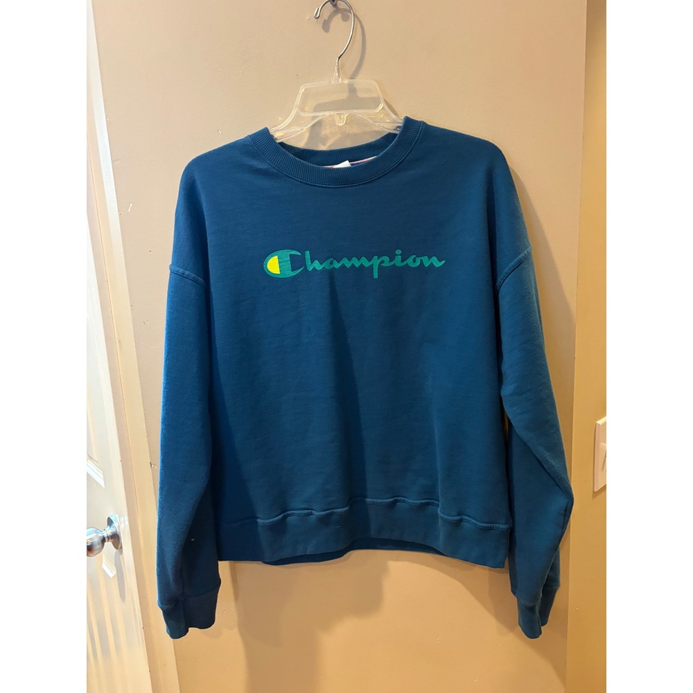 Women Champion Teal Blue Crew Neck Pullover Sweatshirt Script Logo size Small